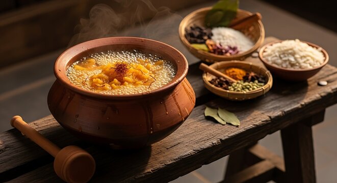 Hot saffron Kesar Halwa or Sheera cooking in a rustic clay pot over fire, with bowls of raw rice, spices, and dried fruit on a rough wooden bench. Traditional Indian cooking.