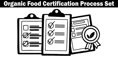 Organic Food Certification Process Checklist Forms. Compliance Approval and Verification Icon Set in Outline Vector Illustration for Quality Assurance Documents.