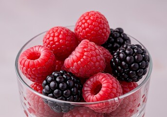 Fresh Raspberries and Blackberries in a Glass Bowl.