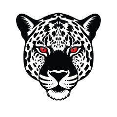 Jaguar Head Illustration with Intense Red Eyes, Black and White Graphic Feline Mascot Design