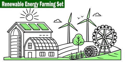 Renewable Energy Farming Set. Sustainable Agriculture Power Generation with Solar Panels and Wind Turbines, Outline Vector Design for Ecological Concepts. © Hafiz