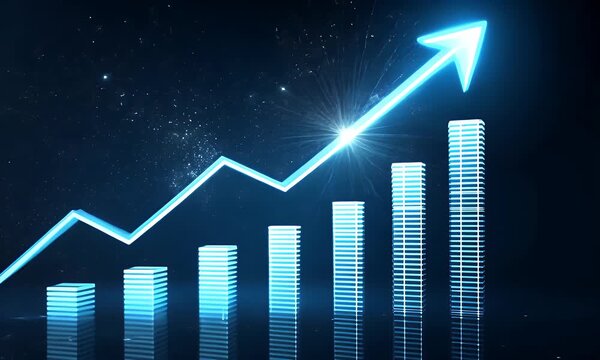 A singular blue arrow pointing directly upwards on a dark gray background with vertical lines of gray squares on either side creating a frame effect