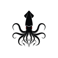 Squid Icon Black Silhouette Vector Illustration with Red Eyes