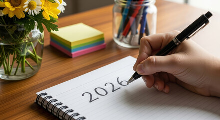Hand writing 2026 in notebook on wooden desk with flowers and stationery conveying leadership business goals finance and planning optimism