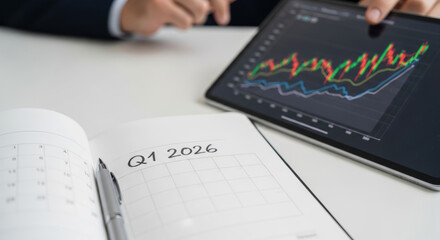 Q1 2026 planner finance business goals leadership meeting with tablet chart and pen indicating strategy and focus on growth and financial planning for team success