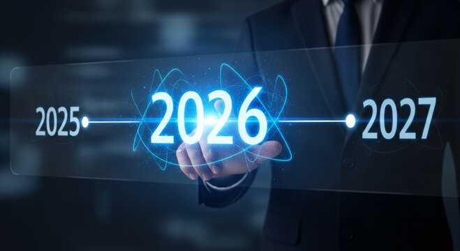 Business leadership goals finance futuristic 2026 year timeline digital display executive hand gesture planning strategy