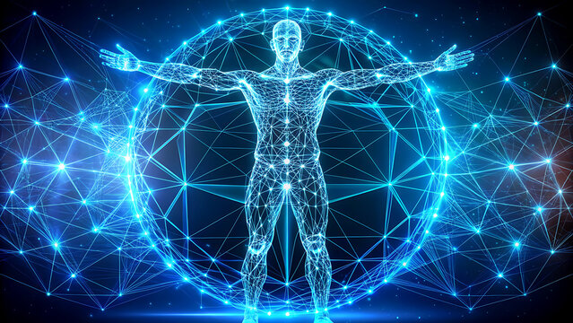 Human body hologram with glowing network futuristic technology concept for medical research and digital health isolated on a dark background