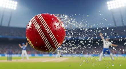 Dynamic Cricket Ball Action with Water Splash on a Vibrant Green Field.