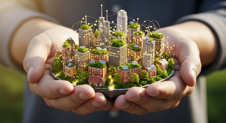 Hands cradling a miniature green city with glowing lights.