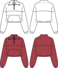 Cropped pullover sweatshirt fashion template, CAD garment drawing, flat vector illustration, quarter zip design, kangaroo pocket sketch, ribbed hem, clothing outline
