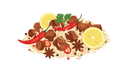 Delicious and Spicy Meat and Rice Dish with Garnishes.