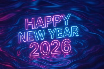Happy new year 2026 neon sign on water surface with reflection