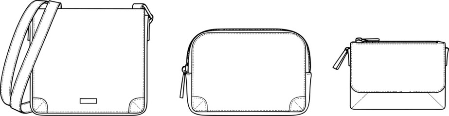 Crossbody bag fashion flat, zipper pouch CAD drawing, small wallet pouch vector set, technical handbag sketch, accessory illustration