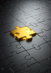 Golden puzzle piece stands out in a sea of gray, representing success.