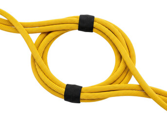 Bright yellow cable neatly coiled and secured with black straps for organized storage
