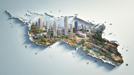 A features a miniature 3D model of Lagos bursting through a torn physical Africa map, seamlessly integrated with a white sleek 3D skyline rendering that blends into the urban landscape. 