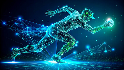Digital athlete running with glowing energy futuristic technology illustration for sports and fitness concepts isolated on dark blue background