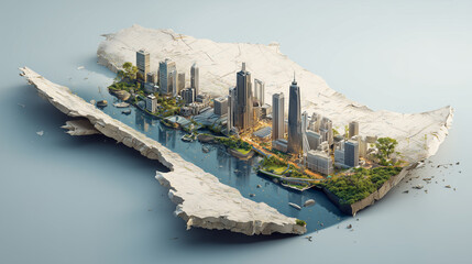 A features a miniature 3D model of Lagos bursting through a torn physical Africa map, seamlessly integrated with a white sleek 3D skyline rendering that blends into the urban landscape. 