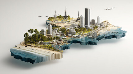 A features a miniature 3D model of Lagos bursting through a torn physical Africa map, seamlessly integrated with a white sleek 3D skyline rendering that blends into the urban landscape. 