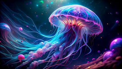 Glowing jellyfish in deep ocean bioluminescent marine life with flowing tentacles fantasy underwater world concept