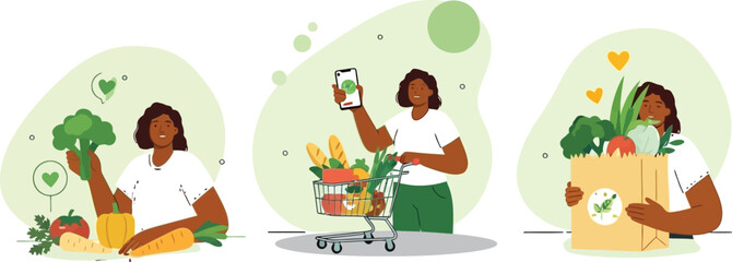 Healthy lifestyle choices African woman shopping fresh produce with eco-friendly mindset and mobile app for nutrition tracking and grocery list planning