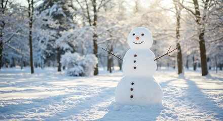 Smiling Snowman in a Winter Wonderland Park with Snow-Covered Trees and Bright Sunlight.