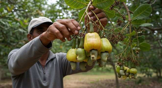 Farmer harvesting fresh ripe cashew apples and nuts from a tree.