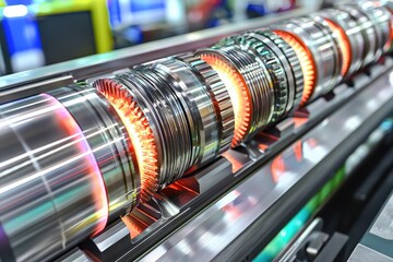 Close-up of electric motor concentric rings with glowing chrome surfaces highlighting internal structure for modern industrial machinery design