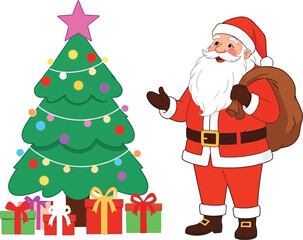 Joyful Santa Claus with Christmas Tree and Gifts Ready for Holiday Cheer, Perfect for Festive Greetings and Seasonal Designs with a Touch of Whimsy