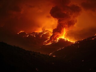 Fototapeta premium Dramatic wildfire rages across mountain range spewing smoke and flames creating a fiery hellscape perfect for disaster storytelling