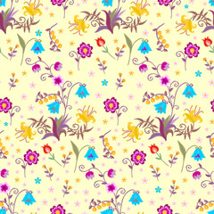 Beautiful natural seamless pattern with embroidered flowers and berries on ivory background. Floral embroidery, delicate print for fabric.