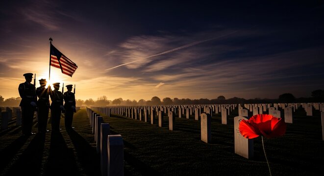 Veterans Day Remembrance American Flag Sunset Honoring Fallen Heroes Military Cemetery Poppy Memorial