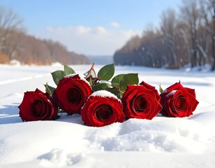 Red Roses laying on snowy winter landscape. Love's warmth in a cold environment.