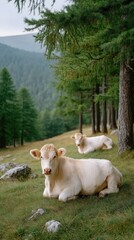 Two Light Brown Cows Resting on a Grassy Hillside Surrounded by Pine Trees and Mountains Under a Cloudy Sky