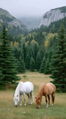 Two Horses Grazing in a Sunlit Meadow Amidst Lush Green Forest and Majestic Mountains Under a Cloudy Sky