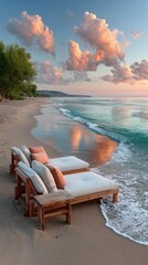 Two lounge chairs set on a pebble beach facing the ocean during a vibrant sunset with pink and orange clouds reflecting on the water and soft waves lapping the shore.