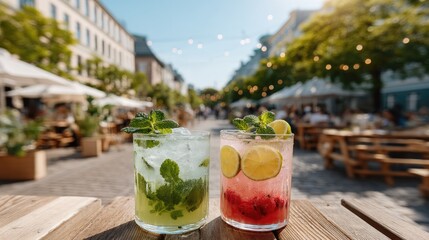 Two Refreshing Summer Cocktails With Mint Lime And Berries Sitting On A Wooden Table Outdoors On A Sunny Day With Blurred City Street Background