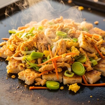 Close-up of hot Sri Lankan chicken kottu roti sizzling on a flat iron grill with leeks, carrots, egg, and aromatic steam&mdash;authentic street food bursting with spice and flavour.