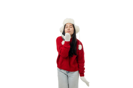 Girl enjoying winter magic in a warm red sweater, isolated, PNG