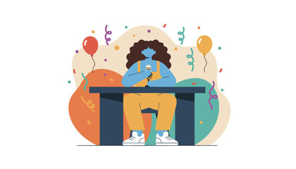 Celebration host speaking into a microphone at a desk Flat vector illustration for event or podcast
