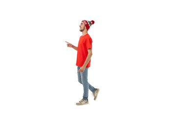 Person in winter wear joyfully gestures, isolated, PNG