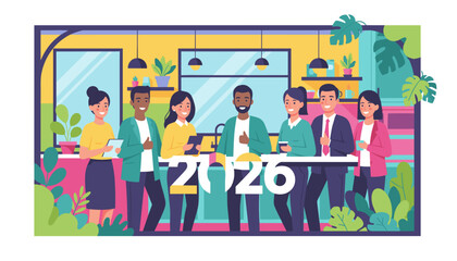 Diverse business team welcomes 2026 in a modern office symbolizing teamwork growth and the future