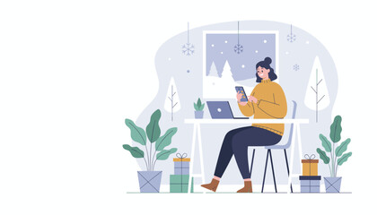 Happy woman uses phone while working remotely in cozy winter home office with gifts and snow