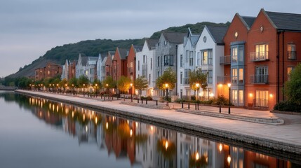 Twilight View Of A Quaint Riverside Town With Red Brick Buildings And Warm Window Lights Reflected In Calm Water