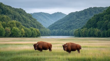 Two Bison Grazing in a Lush Green Valley with a Calm Lake and Misty Mountains Under a Cloudy Sky