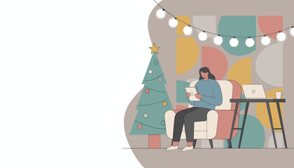 Minimalist flat vector illustration of woman working online in a cozy decorated Christmas setting