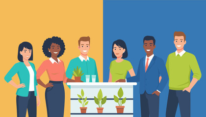 Smiling diverse professional team modern office setting with houseplants