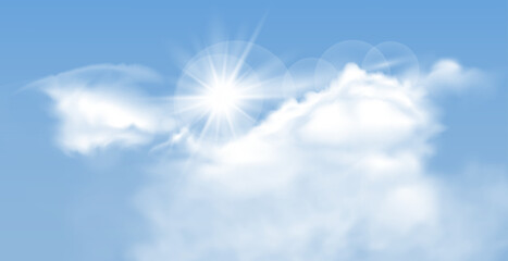 Set of transparent different clouds with sun. Spring, summer isolated on blue background. Real transparency effect.