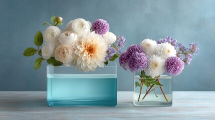 Two Clear Glass Vases Filled With Water Holding Delicate White Flowers And Purple Accents On A Blue Wooden Surface With A Soft Blue Background