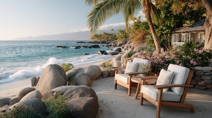 Two Armchairs Under A Palm Tree Facing The Ocean With A Tropical Beach And Rocky Shoreline During Golden Hour